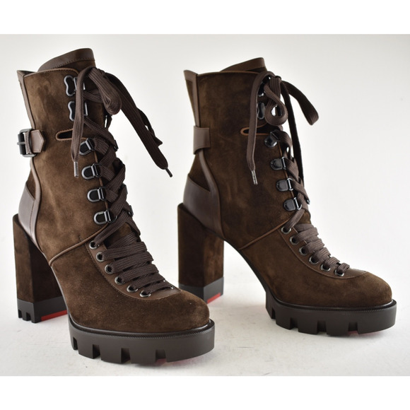 Christian Louboutin Macademia 100 Brown Platform Block Heel Combat Boot 37 - Picture 4 of 14